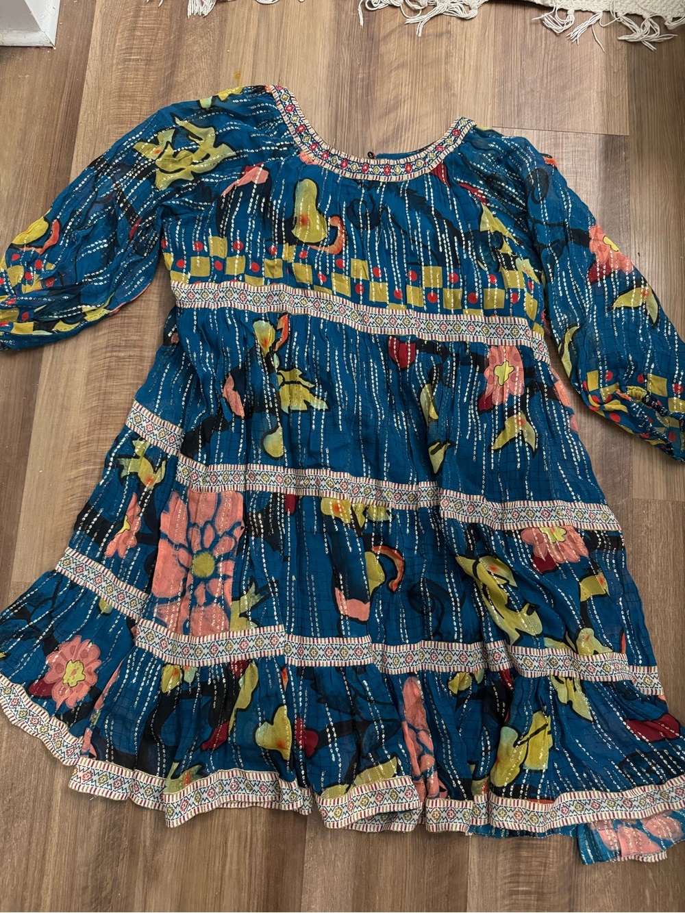 Boho Floral Tiered Casual Dress in Teal Blue